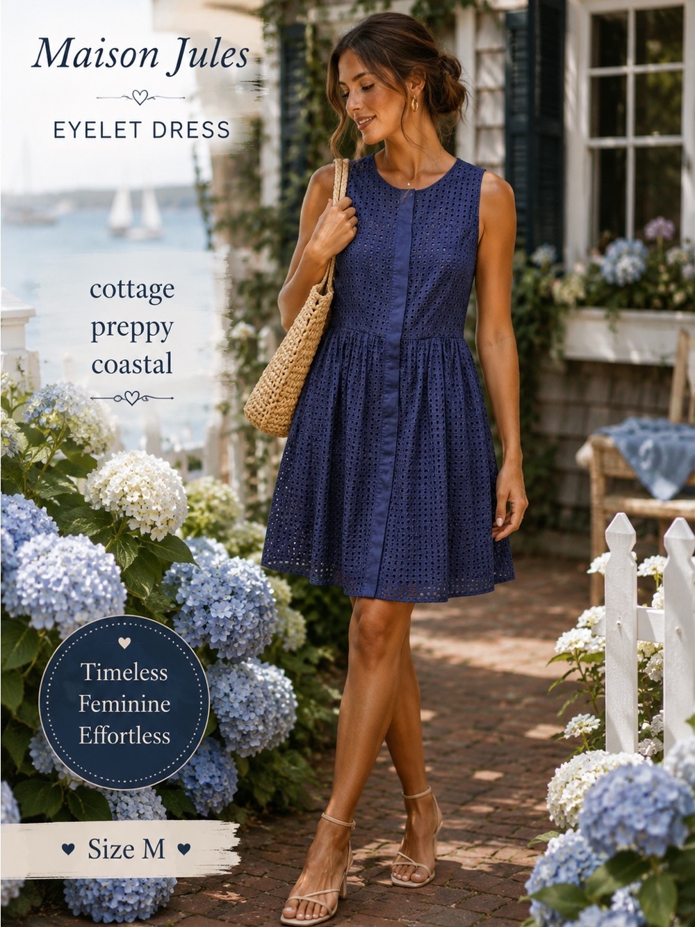 Maison Jules Eyelet Sleeveless Cottage Preppy Coastal Grandma Dress Size M